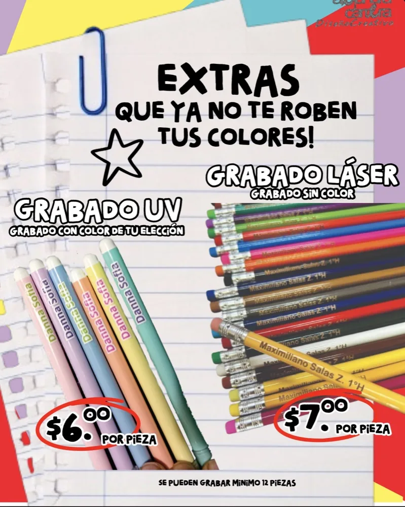 Grabado láser $7.00 por pieza, grabado UV con color de tu elección $6.00 por pieza. Se pueden grabar mínimo 12 piezas.